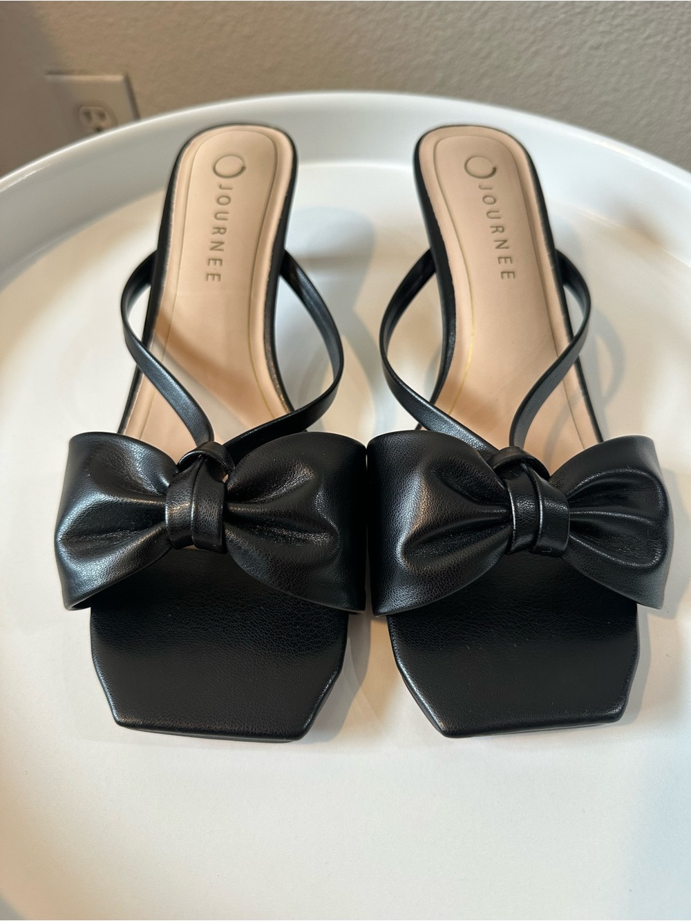 Journee Collection Black Bow Square-Toe Kitten Heels